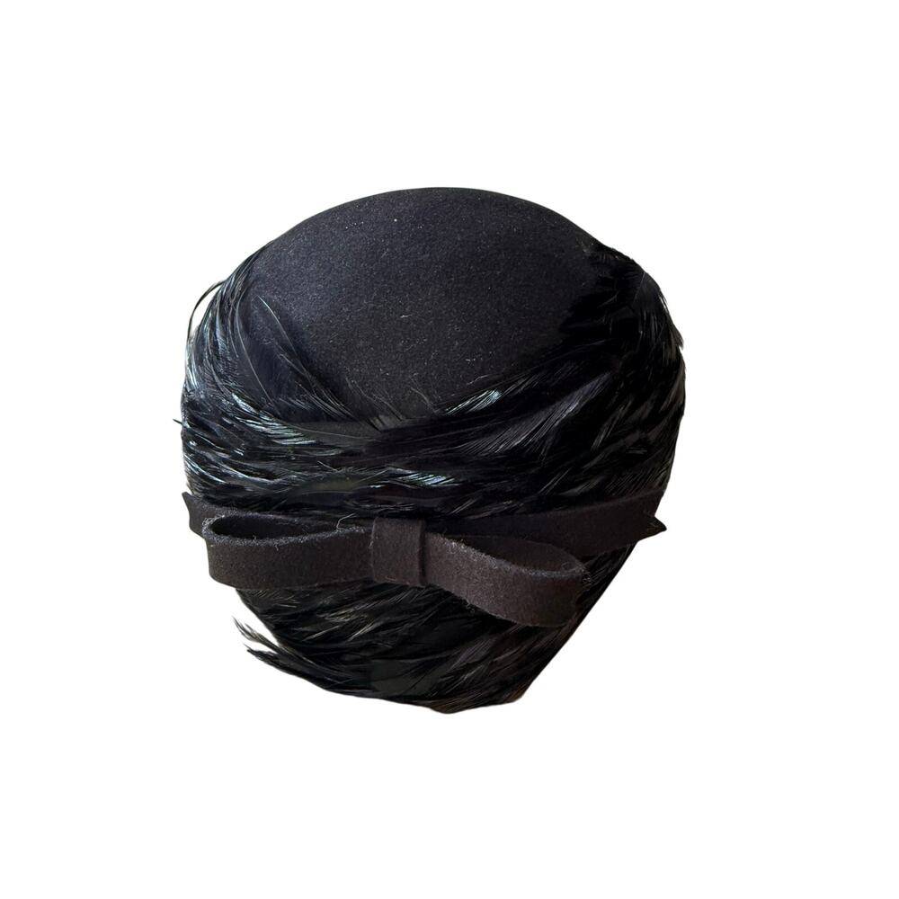 Vintage Mr. John Moderne Black Feather Pillbox Hat Fascinator Bow Accent